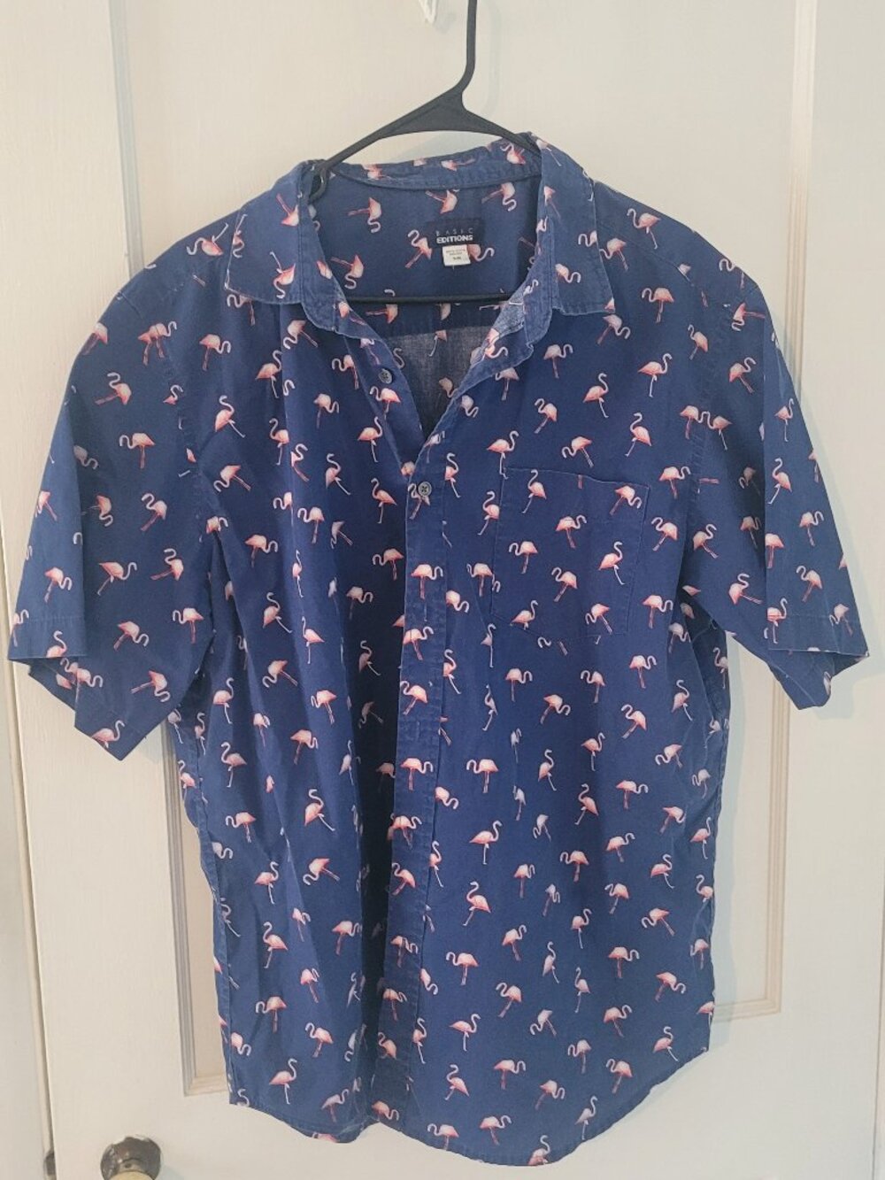Men's Blue Flamingo Print Button-Up Shirt Size XL